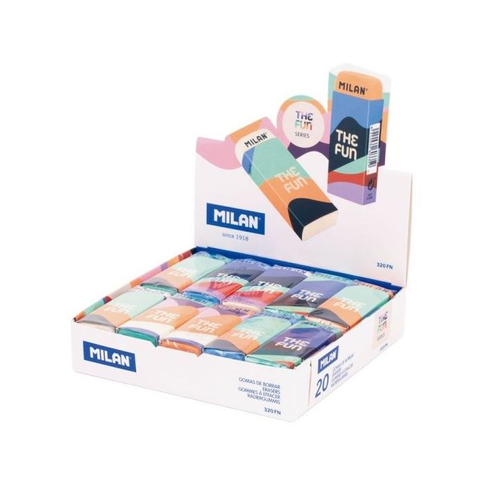 Milan The Fun Nata 320 Expositor con 20 Goma de Borrar Rectangular - Caucho Sintetico - Envuelta Individualmente - Faja y Goma de Varios Colores