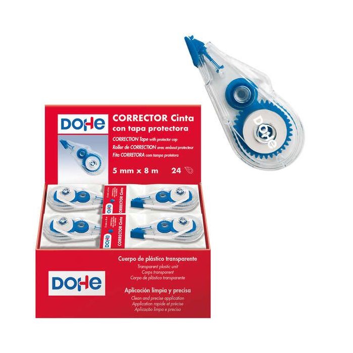 Dohe Expositor de 24 Cintas Correctoras - Aplicacion Limpia y Precisa - Rapida Cobertura - Cuerpo de Plastico Transparente - Tapa Protectora