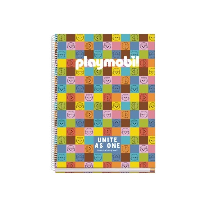 Dohe Playmobil Unite As One Cuaderno Espiral A4 100 Hojas Microperforadas Cuadricula 5mm - Tapa Dura Carton Forrado - Bandas de Color