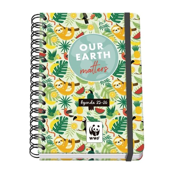 Dohe WWF Tropic Agenda Escolar 25/26 Espiral Wire?o A5 - Semana Vista - Papel 80g/m2 - 4 Hojas de Pegatinas - Cubierta de Carton Plastificado - Cierre con Goma Elastica