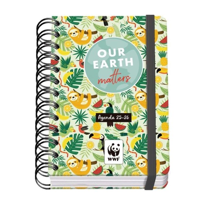 Dohe WWF Tropic Agenda Escolar 25/26 Espiral Wire?o A6 - Dia Pagina - Papel 80g/m2 - 4 Hojas de Pegatinas - Cubierta de Carton Plastificado - Cierre con Goma Elastica
