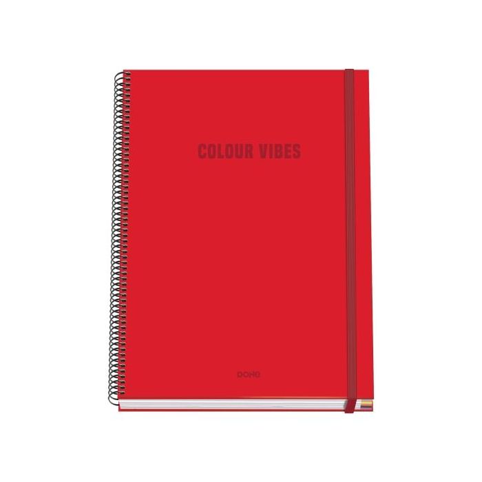 Dohe Colour Vives Cuaderno Espiral A4 100 Hojas Microperforadas Cuadricula 5mm - Tapa Dura Carton Forrado - Cierre de Goma - Bandas de Color - Color Rojo