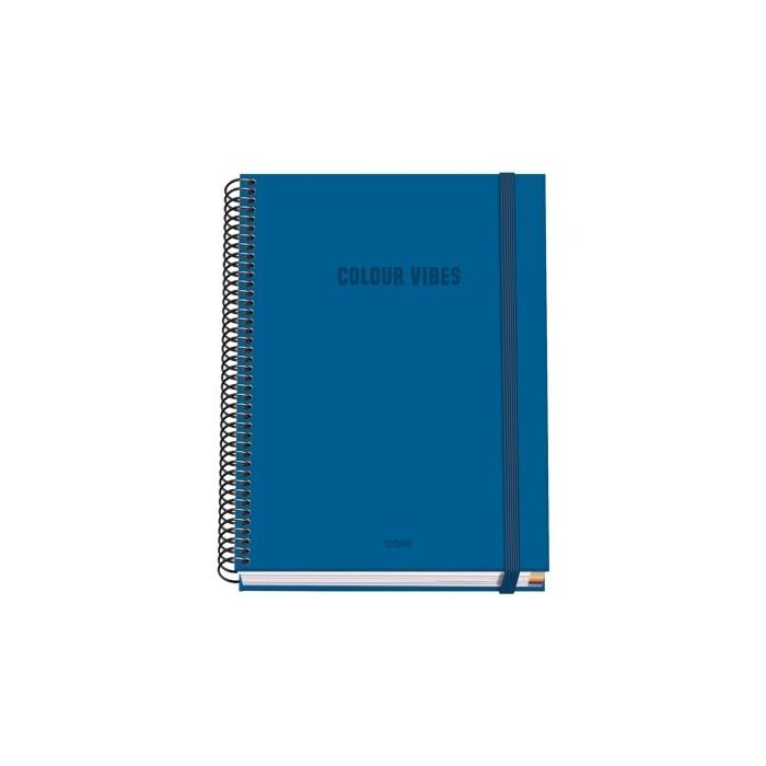 Dohe Colour Vives Cuaderno Espiral A5 100 Hojas Cuadricula 5mm - Tapa Dura Impresa a todo Color y Plastificada en Brillo - Bandas de Color - Cierre de Goma - Color Azul