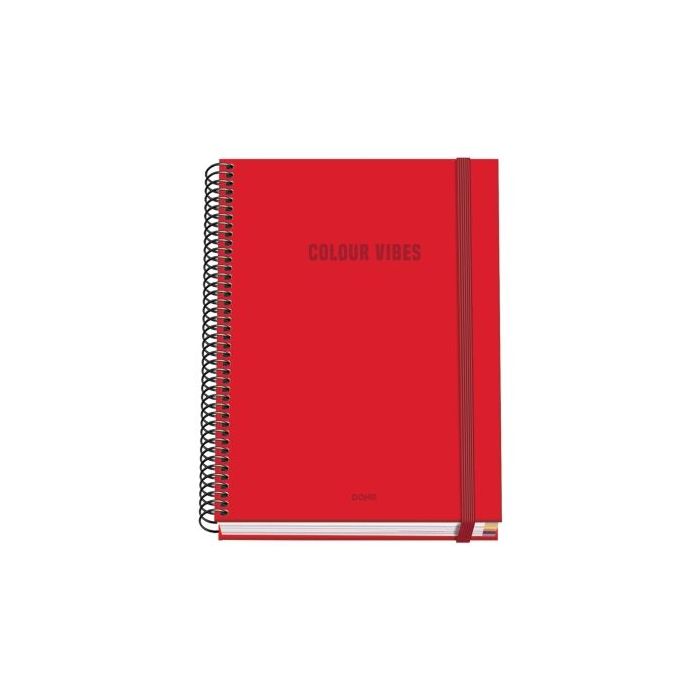 Dohe Colour Vives Cuaderno Espiral A5 100 Hojas Cuadricula 5mm - Tapa Dura Impresa a todo Color y Plastificada en Brillo - Bandas de Color - Cierre de Goma - Color Rojo