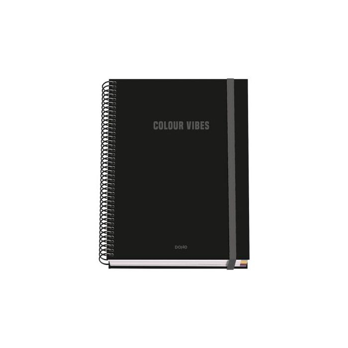 Dohe Colour Vives Cuaderno Espiral A5 100 Hojas Cuadricula 5mm - Tapa Dura Impresa a todo Color y Plastificada en Brillo - Bandas de Color - Cierre de Goma - Color Negro