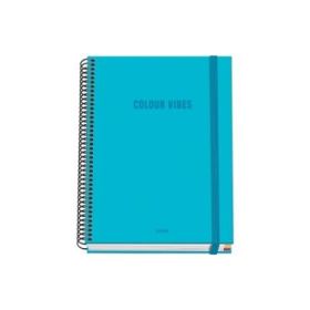 Dohe Colour Vives Cuaderno Espiral A5 100 Hojas Cuadricula 5mm - Tapa Dura Impresa a todo Color y Plastificada en Brillo - Bandas de Color - Cierre de Goma - Color Azul Cyan