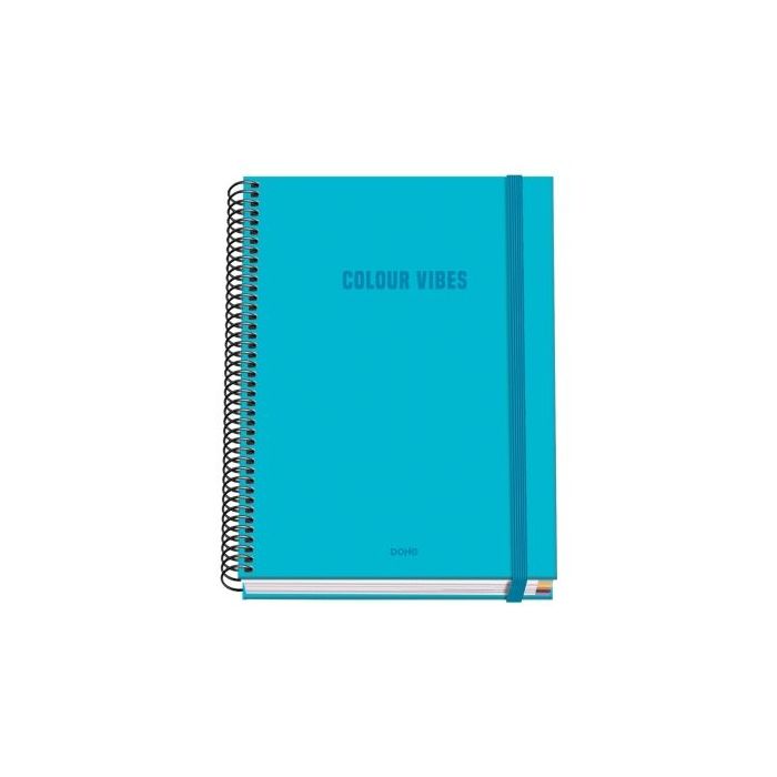 Dohe Colour Vives Cuaderno Espiral A5 100 Hojas Cuadricula 5mm - Tapa Dura Impresa a todo Color y Plastificada en Brillo - Bandas de Color - Cierre de Goma - Color Azul Cyan