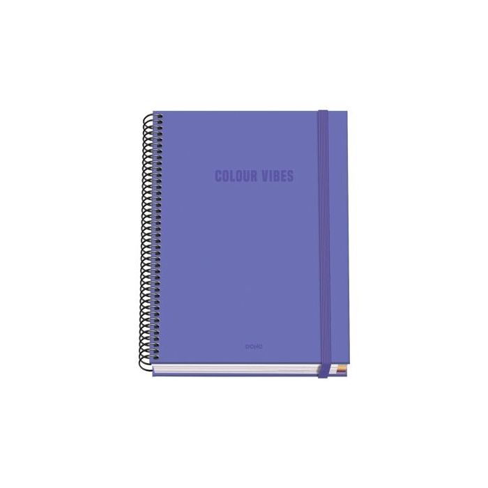 Dohe Colour Vives Cuaderno Espiral A5 100 Hojas Cuadricula 5mm - Tapa Dura Impresa a todo Color y Plastificada en Brillo - Bandas de Color - Cierre de Goma - Color Morado