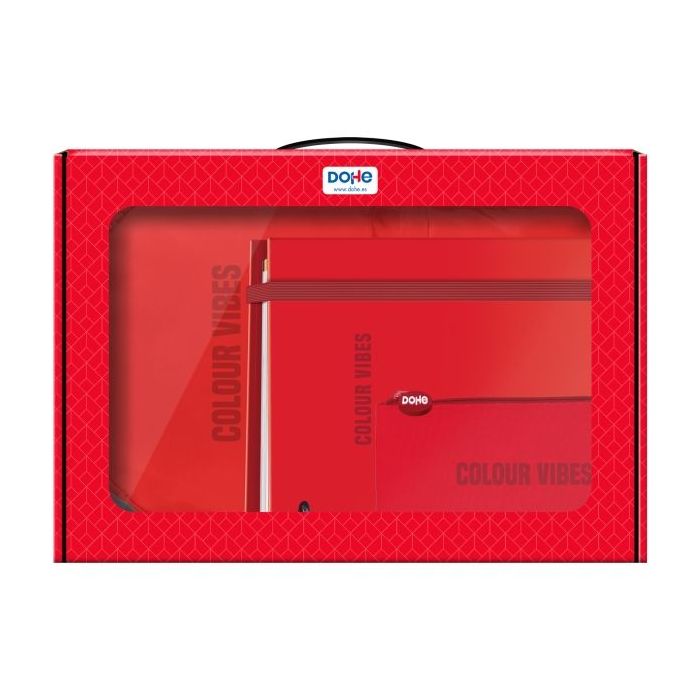 Dohe Colour Vibes Pack de Mochila + Carpeta A4 Recambio + Portatodo Triple - Todo en un Maletin Perfecto para Regalo - Color Rojo
