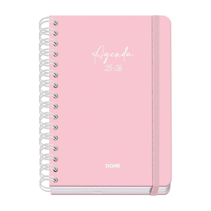 Dohe Serenity Agenda Escolar 25/26 Espiral Wire?o A5 - Semana Vista - Papel 80g/m2 - 4 Hojas de Pegatinas - Cubierta de Carton Plastificado - Cierre con Goma Elastica - Color Rosa