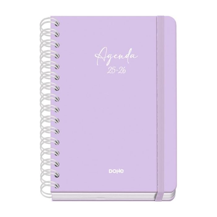 Dohe Serenity Agenda Escolar 25/26 Espiral Wire?o A5 - Semana Vista - Papel 80g/m2 - 4 Hojas de Pegatinas - Cubierta de Carton Plastificado - Cierre con Goma Elastica - Color Morado