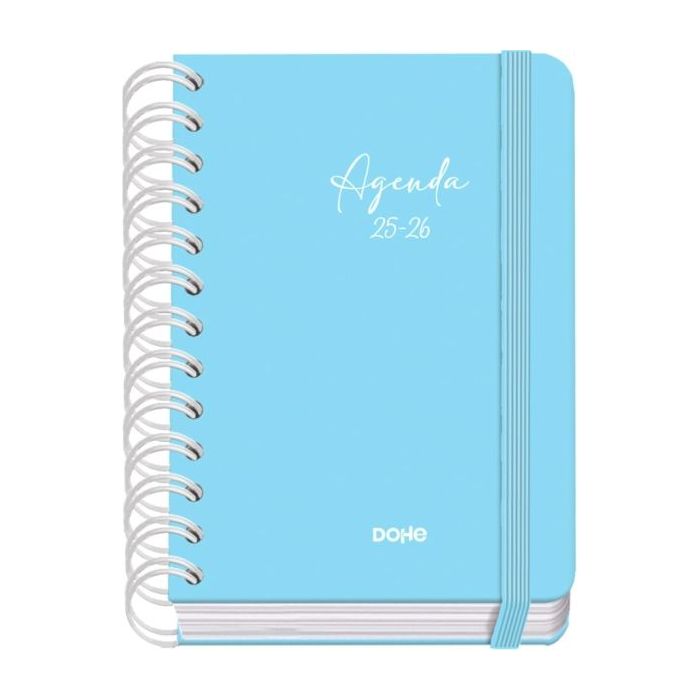Dohe Serenity Agenda Escolar 25/26 Espiral Wire?o A6 - Dia Pagina - Papel 80g/m2 - 4 Hojas de Pegatinas - Cubierta de Carton Plastificado - Cierre con Goma Elastica - Color Azul