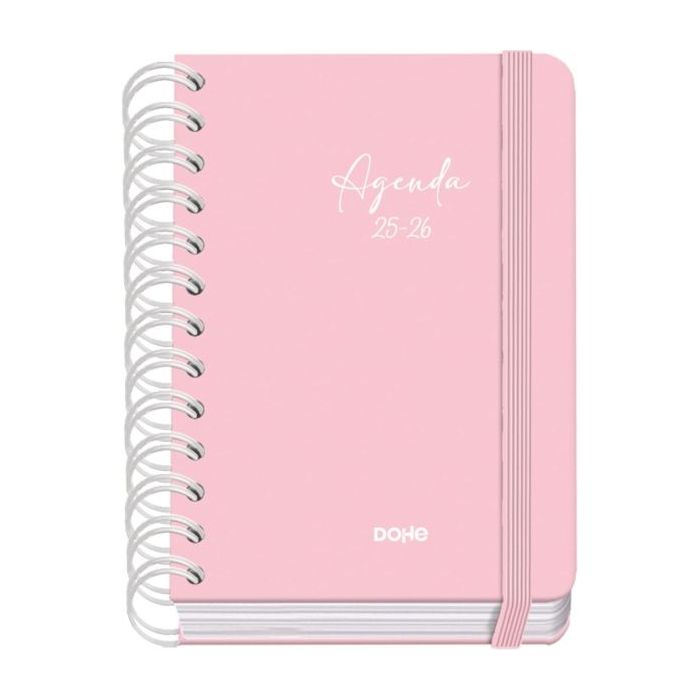 Dohe Serenity Agenda Escolar 25/26 Espiral Wire?o A6 - Dia Pagina - Papel 80g/m2 - 4 Hojas de Pegatinas - Cubierta de Carton Plastificado - Cierre con Goma Elastica - Color Rosa