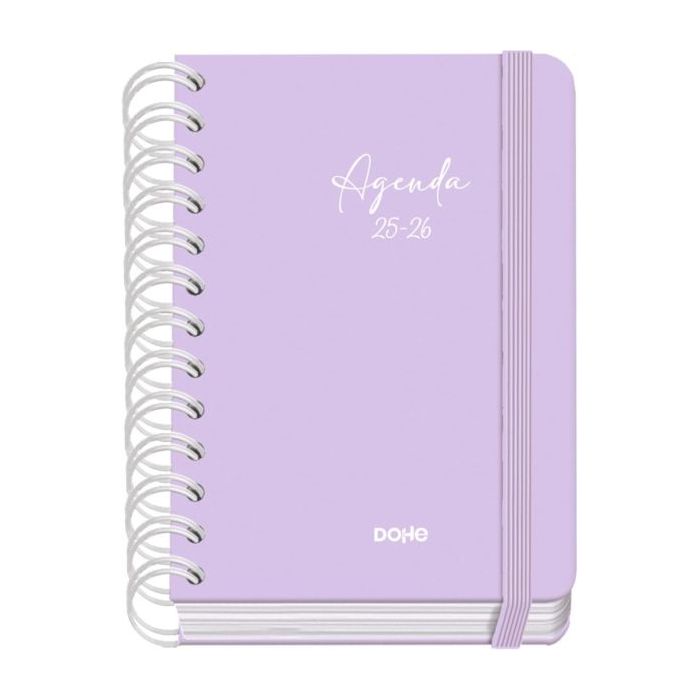 Dohe Serenity Agenda Escolar 25/26 Espiral Wire?o A6 - Dia Pagina - Papel 80g/m2 - 4 Hojas de Pegatinas - Cubierta de Carton Plastificado - Cierre con Goma Elastica - Color Morado