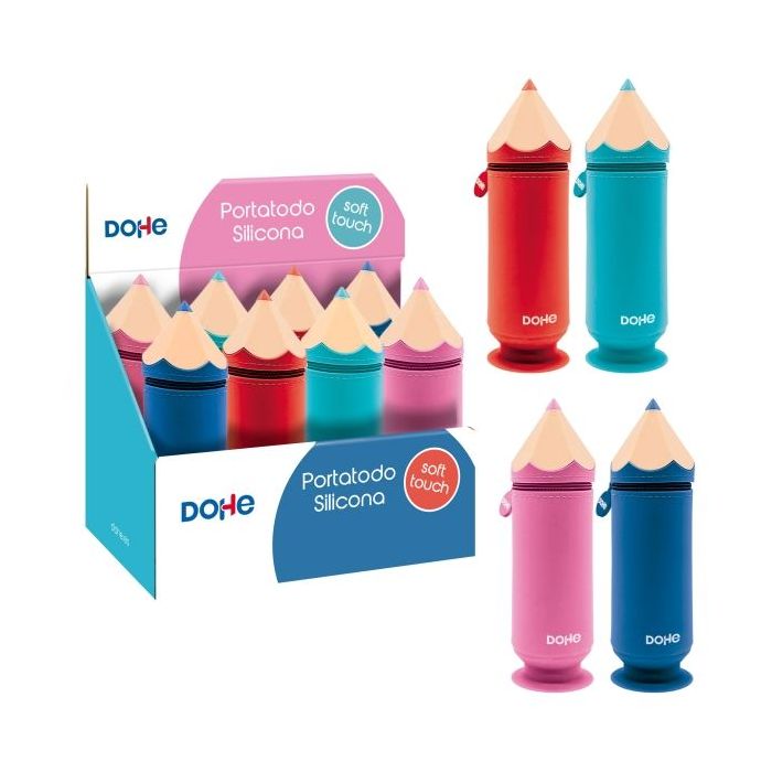 Dohe Lapiz Expositor con 8 Portatodos Simples de Silicona con Forma de Lapiz - Cierre con Cremallera y Tirador de Goma - Con Ventosa para Sujetarse en la Mesa - Colores Surtidos