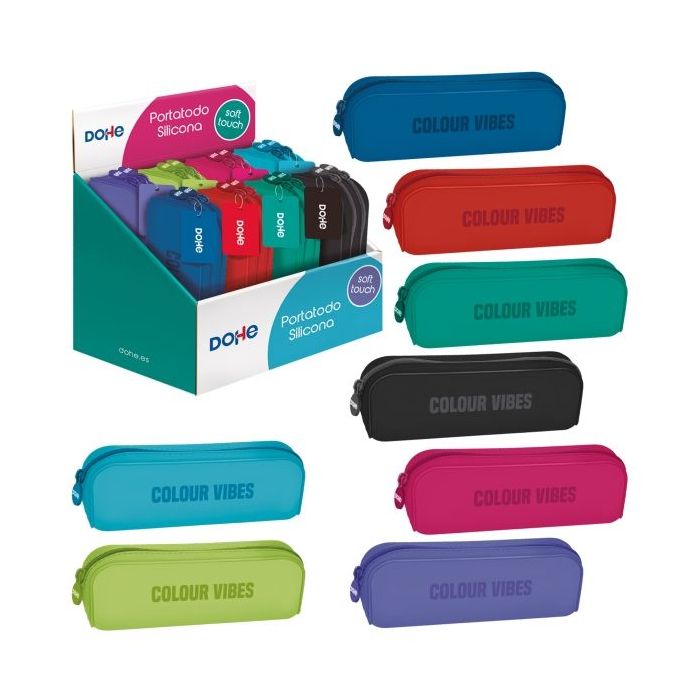 Dohe Colour Vibes Expositor con 8 Portatodos Simples de Silicona - Cierre con Cremallera y Tirador de Goma - Colores Surtidos