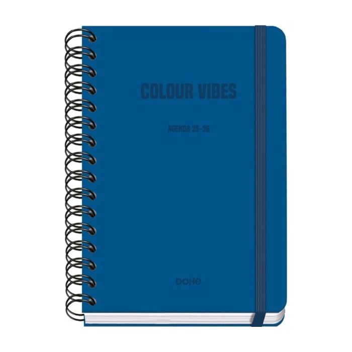 Dohe Colour Vibes Agenda Escolar 25/26 Espiral Wire?o A5 - Semana Vista - Papel 80g/m2 - 4 Hojas de Pegatinas - Cubierta de Carton Plastificado - Cierre con Goma Elastica - Color Azul