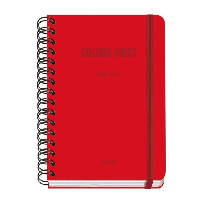 Dohe Colour Vibes Agenda Escolar 25/26 Espiral Wire?o A5 - Semana Vista - Papel 80g/m2 - 4 Hojas de Pegatinas - Cubierta de Carton Plastificado - Cierre con Goma Elastica - Color Rojo