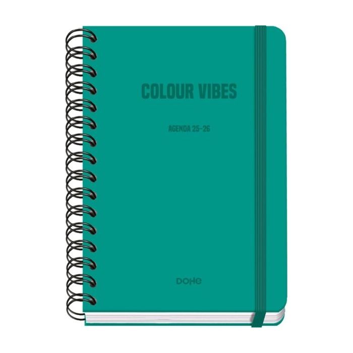 Dohe Colour Vibes Agenda Escolar 25/26 Espiral Wire?o A5 - Semana Vista - Papel 80g/m2 - 4 Hojas de Pegatinas - Cubierta de Carton Plastificado - Cierre con Goma Elastica - Color Verde