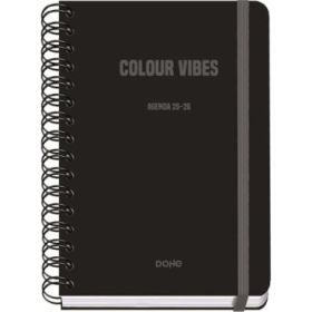 Dohe Colour Vibes Agenda Escolar 25/26 Espiral Wire?o A5 - Semana Vista - Papel 80g/m2 - 4 Hojas de Pegatinas - Cubierta de Carton Plastificado - Cierre con Goma Elastica - Color Negro