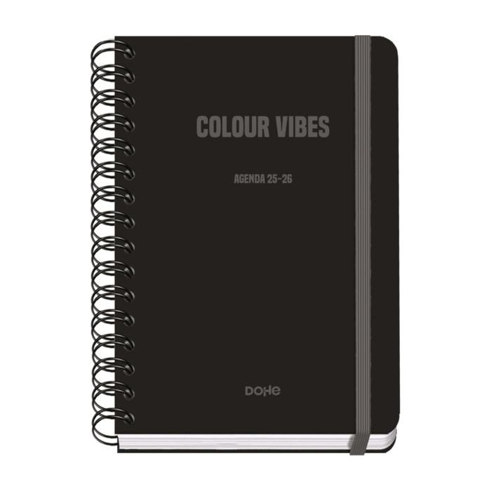 Dohe Colour Vibes Agenda Escolar 25/26 Espiral Wire?o A5 - Semana Vista - Papel 80g/m2 - 4 Hojas de Pegatinas - Cubierta de Carton Plastificado - Cierre con Goma Elastica - Color Negro