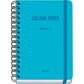 Dohe Colour Vibes Agenda Escolar 25/26 Espiral Wire?o A5 - Semana Vista - Papel 80g/m2 - 4 Hojas de Pegatinas - Cubierta de Carton Plastificado - Cierre con Goma Elastica - Color Azul Cyan