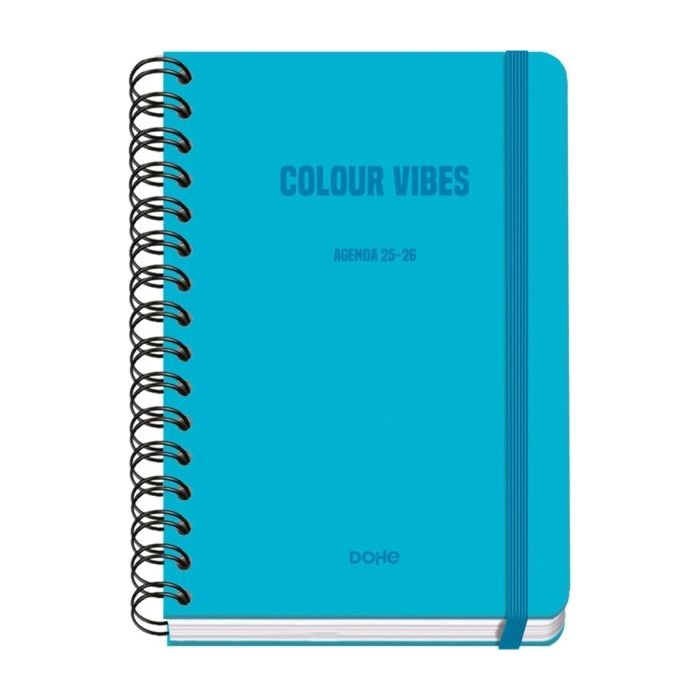 Dohe Colour Vibes Agenda Escolar 25/26 Espiral Wire?o A5 - Semana Vista - Papel 80g/m2 - 4 Hojas de Pegatinas - Cubierta de Carton Plastificado - Cierre con Goma Elastica - Color Azul Cyan