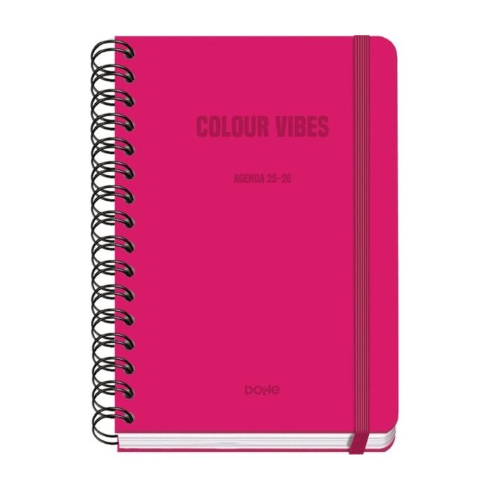 Dohe Colour Vibes Agenda Escolar 25/26 Espiral Wire?o A5 - Semana Vista - Papel 80g/m2 - 4 Hojas de Pegatinas - Cubierta de Carton Plastificado - Cierre con Goma Elastica - Color Rosa