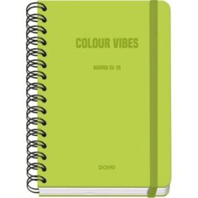 Dohe Colour Vibes Agenda Escolar 25/26 Espiral Wire?o A5 - Semana Vista - Papel 80g/m2 - 4 Hojas de Pegatinas - Cubierta de Carton Plastificado - Cierre con Goma Elastica - Color Verde Lima