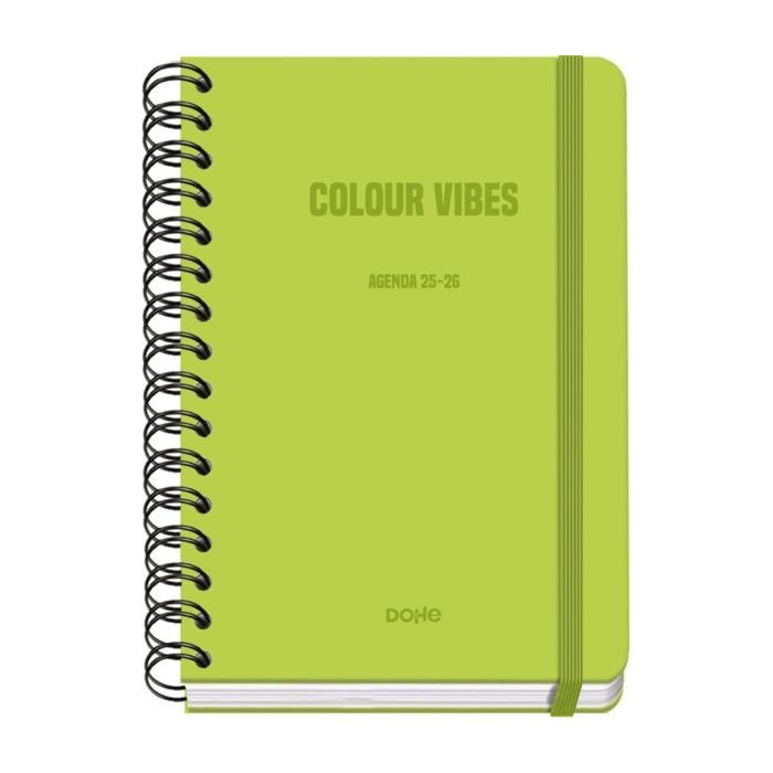 Dohe Colour Vibes Agenda Escolar 25/26 Espiral Wire?o A5 - Semana Vista - Papel 80g/m2 - 4 Hojas de Pegatinas - Cubierta de Carton Plastificado - Cierre con Goma Elastica - Color Verde Lima