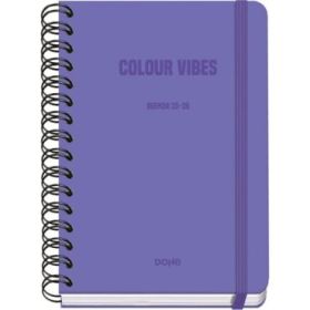 Dohe Colour Vibes Agenda Escolar 25/26 Espiral Wire?o A5 - Semana Vista - Papel 80g/m2 - 4 Hojas de Pegatinas - Cubierta de Carton Plastificado - Cierre con Goma Elastica - Color Morado