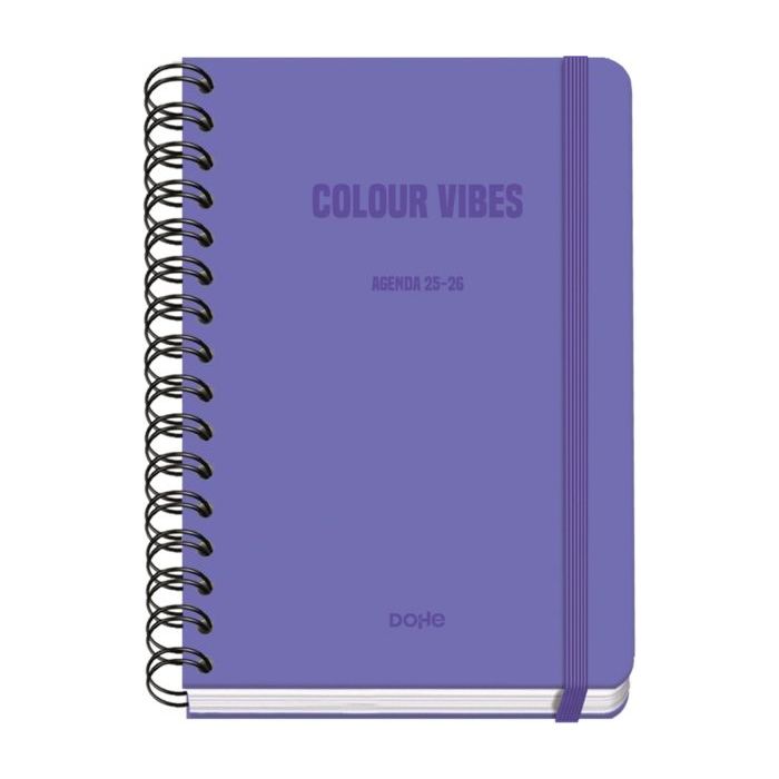 Dohe Colour Vibes Agenda Escolar 25/26 Espiral Wire?o A5 - Semana Vista - Papel 80g/m2 - 4 Hojas de Pegatinas - Cubierta de Carton Plastificado - Cierre con Goma Elastica - Color Morado