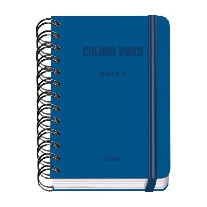 Dohe Colour Vibes Agenda Escolar 25/26 Espiral Wire?o A6 - Dia Pagina - Papel 80g/m2 - 4 Hojas de Pegatinas - Cubierta de Carton Plastificado - Cierre con Goma Elastica - Color Azul