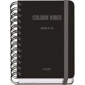 Dohe Colour Vibes Agenda Escolar 25/26 Espiral Wire?o A6 - Dia Pagina - Papel 80g/m2 - 4 Hojas de Pegatinas - Cubierta de Carton Plastificado - Cierre con Goma Elastica - Color Negro