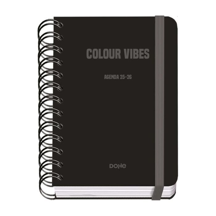 Dohe Colour Vibes Agenda Escolar 25/26 Espiral Wire?o A6 - Dia Pagina - Papel 80g/m2 - 4 Hojas de Pegatinas - Cubierta de Carton Plastificado - Cierre con Goma Elastica - Color Negro