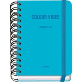 Dohe Colour Vibes Agenda Escolar 25/26 Espiral Wire?o A6 - Dia Pagina - Papel 80g/m2 - 4 Hojas de Pegatinas - Cubierta de Carton Plastificado - Cierre con Goma Elastica - Color Azul Cyan