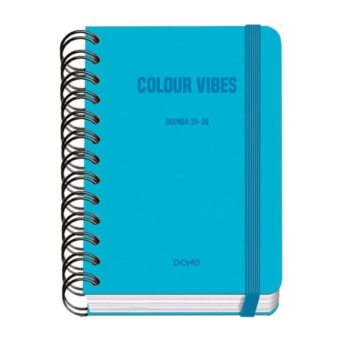 Dohe Colour Vibes Agenda Escolar 25/26 Espiral Wire?o A6 - Dia Pagina - Papel 80g/m2 - 4 Hojas de Pegatinas - Cubierta de Carton Plastificado - Cierre con Goma Elastica - Color Azul Cyan