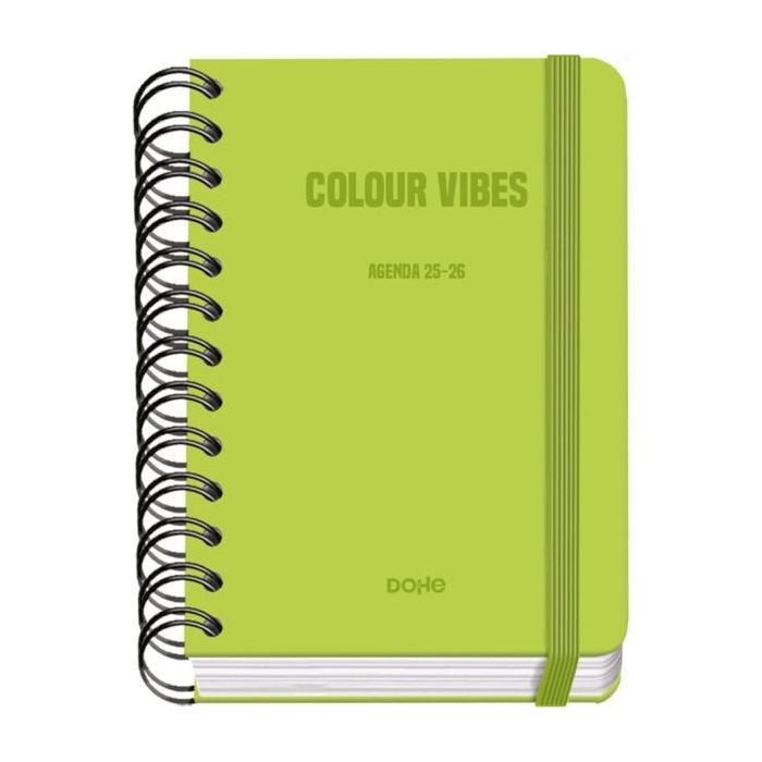 Dohe Colour Vibes Agenda Escolar 25/26 Espiral Wire?o A6 - Dia Pagina - Papel 80g/m2 - 4 Hojas de Pegatinas - Cubierta de Carton Plastificado - Cierre con Goma Elastica - Color Verde Lima