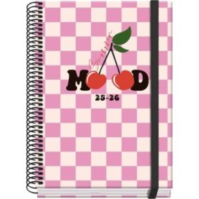 Dohe Cherry Agenda Escolar 25/26 Espiral A5 - Semana Vista - Papel 70g/m2 - 4 Hojas de Pegatinas - Cubierta de Carton Plastificado - Cierre con Goma Elastica