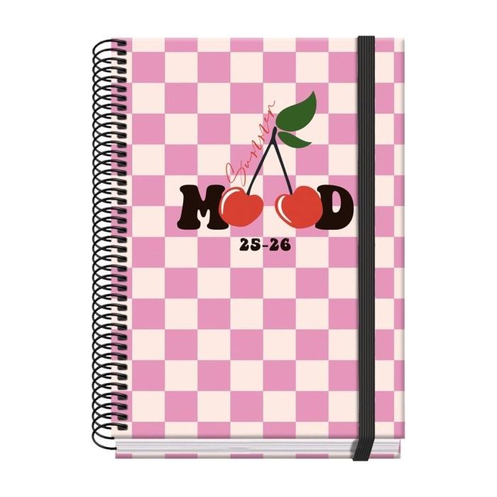 Dohe Cherry Agenda Escolar 25/26 Espiral A5 - Semana Vista - Papel 70g/m2 - 4 Hojas de Pegatinas - Cubierta de Carton Plastificado - Cierre con Goma Elastica