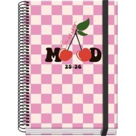 Dohe Cherry Agenda Escolar 25/26 Espiral A5 - Dia Pagina - Papel 70g/m2 - 4 Hojas de Pegatinas - Cubierta de Carton Plastificado - Cierre con Goma Elastica