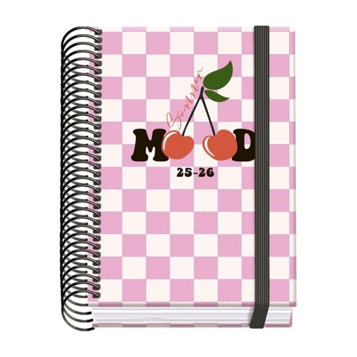 Dohe Cherry Agenda Escolar 25/26 Espiral A6 - Dia Pagina - Papel 70g/m2 - 4 Hojas de Pegatinas - Cubierta de Carton Plastificado - Cierre con Goma Elastica