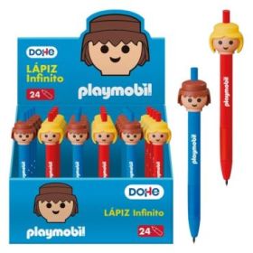 Dohe Playmobil Expositor de 24 Lapices Infinitos - Grip de Caucho - Se Borra Facilmente - Decorados con Motivos de los Muñecos Playmobil