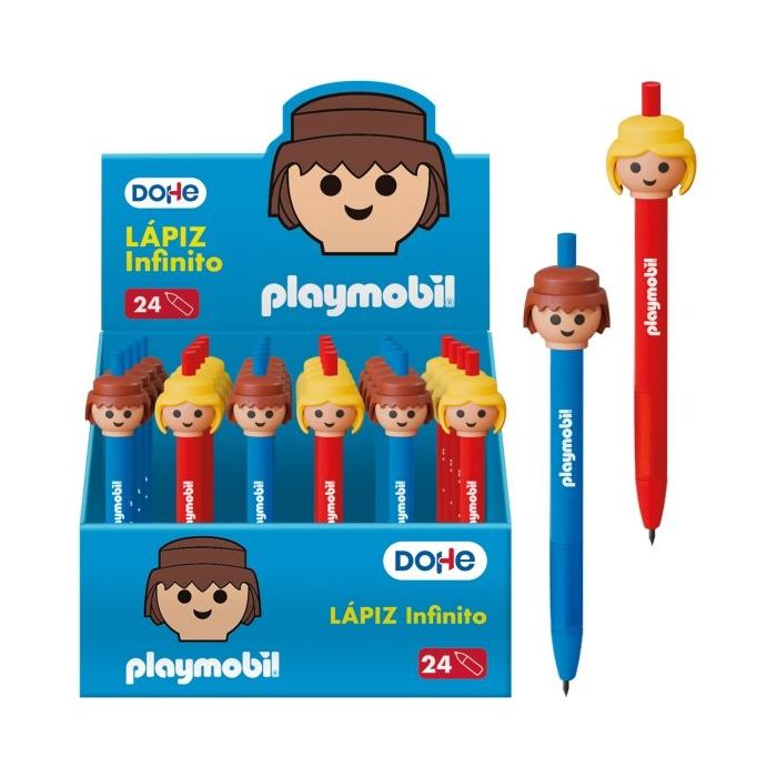 Dohe Playmobil Expositor de 24 Lapices Infinitos - Grip de Caucho - Se Borra Facilmente - Decorados con Motivos de los Muñecos Playmobil