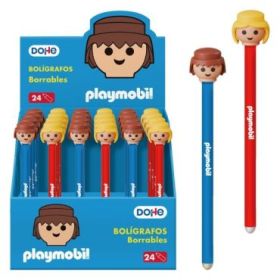 Dohe Playmobil Expositor de 24 Boligrafos Borrables - Punta Bola Metalica 1mm - Trazo 0.5mm - Capuchon Decorado con Muñecos Playmobil - Tinta Azul