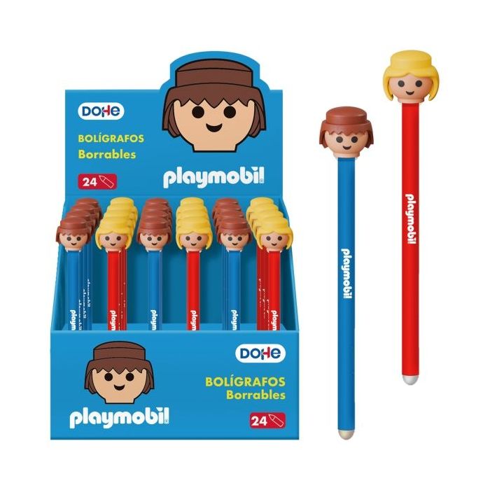 Dohe Playmobil Expositor de 24 Boligrafos Borrables - Punta Bola Metalica 1mm - Trazo 0.5mm - Capuchon Decorado con Muñecos Playmobil - Tinta Azul