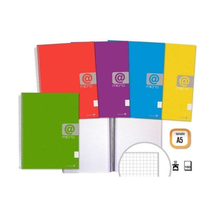 Golden Cuaderno Espiral A5 160 Hojas 60grs Cuadricula - Hojas Microperforadas con 4 Taladros y 4 Bandas de Color - Tapa Resistente Forrada - Colores Surtidos