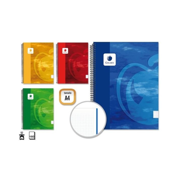 Golden Cuaderno Espiral A4 160 Hojas 60grs Cuadricula 5x5 - Hojas Microperforadas - Tapa Dura Plastificada - Colores Surtidos