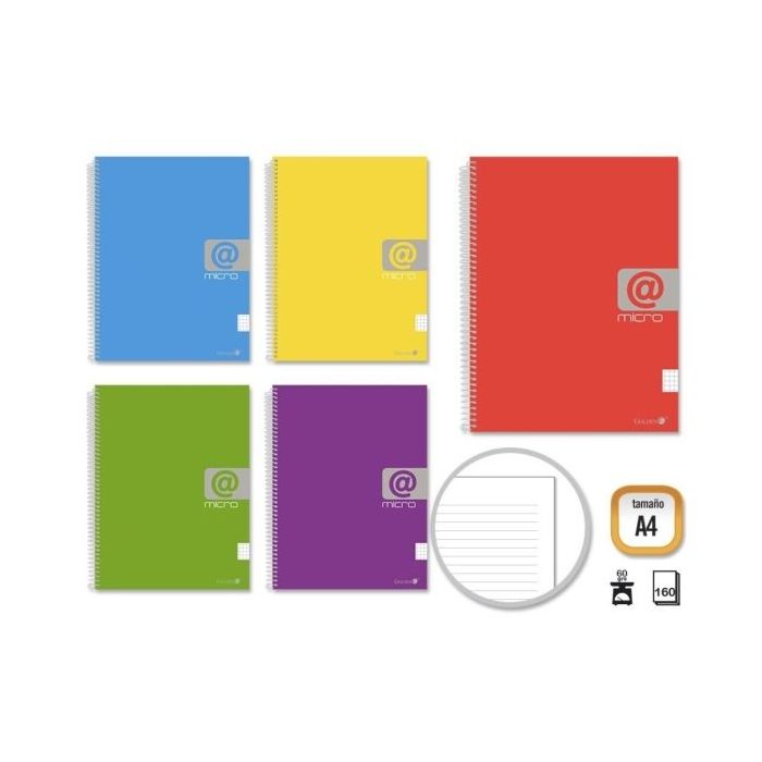 Golden Cuaderno Espiral A4 160 Hojas 60grs 1 Raya - Hojas Microperforadas con 4 Taladros y 4 Bandas de Color - Tapa Resistente Forrada - Colores Surtidos