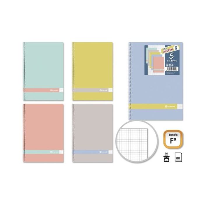 Golden Morandi Pack de 5 Cuadernos Espiral Folio 80 Hojas 90grs Cuadricula 4x4 - Tapa Blanda con Cantos Redondeados - Colores Morandi Surtidos